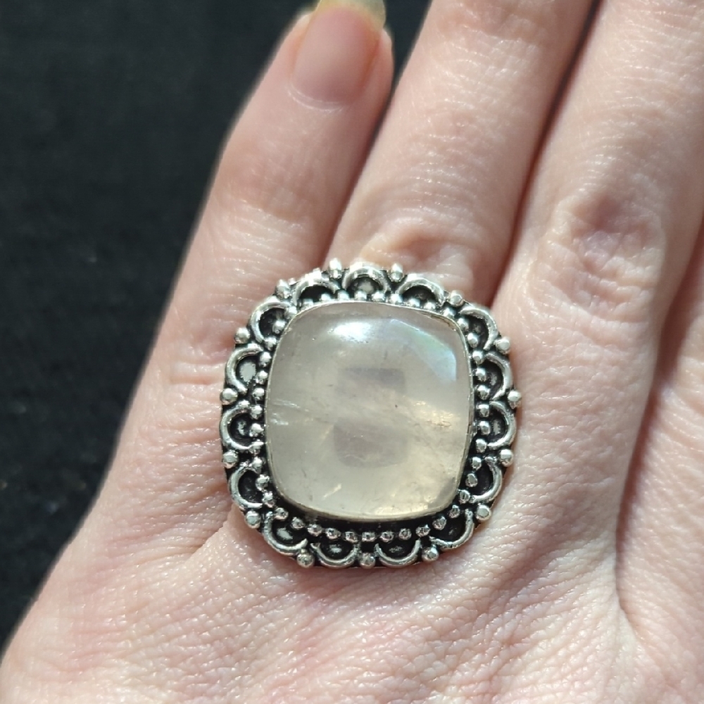Silver Plated Pastel Pink Rose Quartz Gemstone Square Statement Ring - size 7